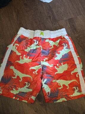 Kids Red Dino Print Swim Shorts with Lime Accent